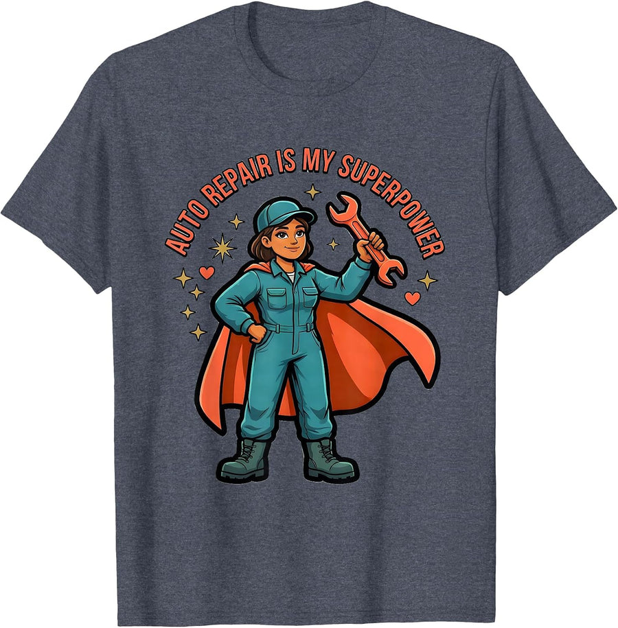 AUTO REPAIR IS MY SUPERPOWER Cartoon Woman Mechanic Gift T-Shirt - Heather Blue