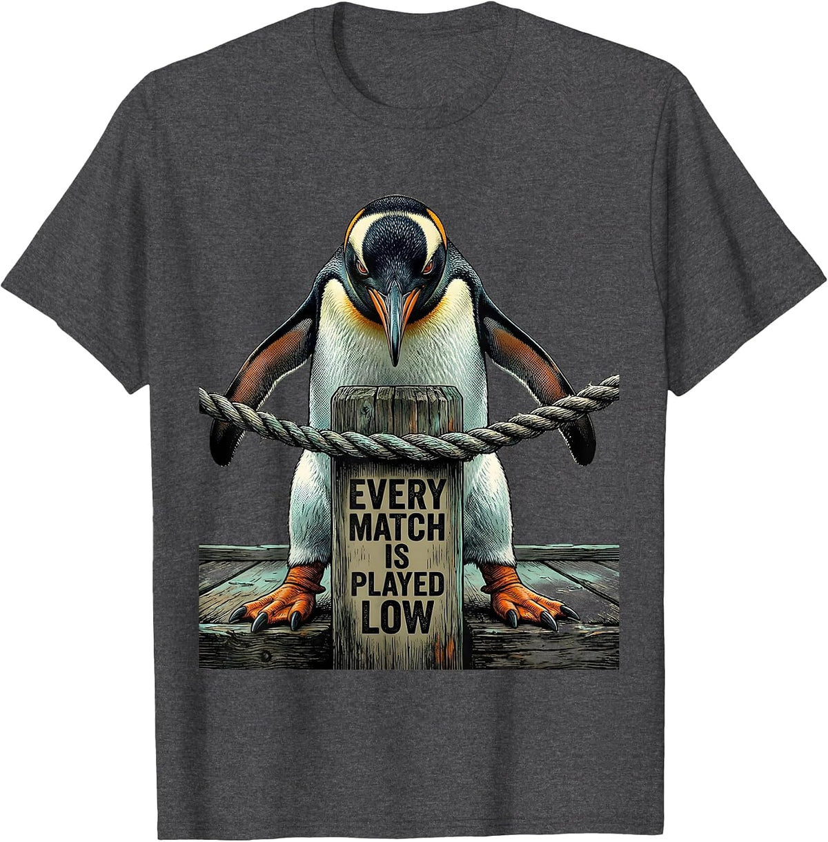 Men's Every Match Is Played Low Funny Penguin Martial Arts Humor T-Shirt - Dark Heather Grey