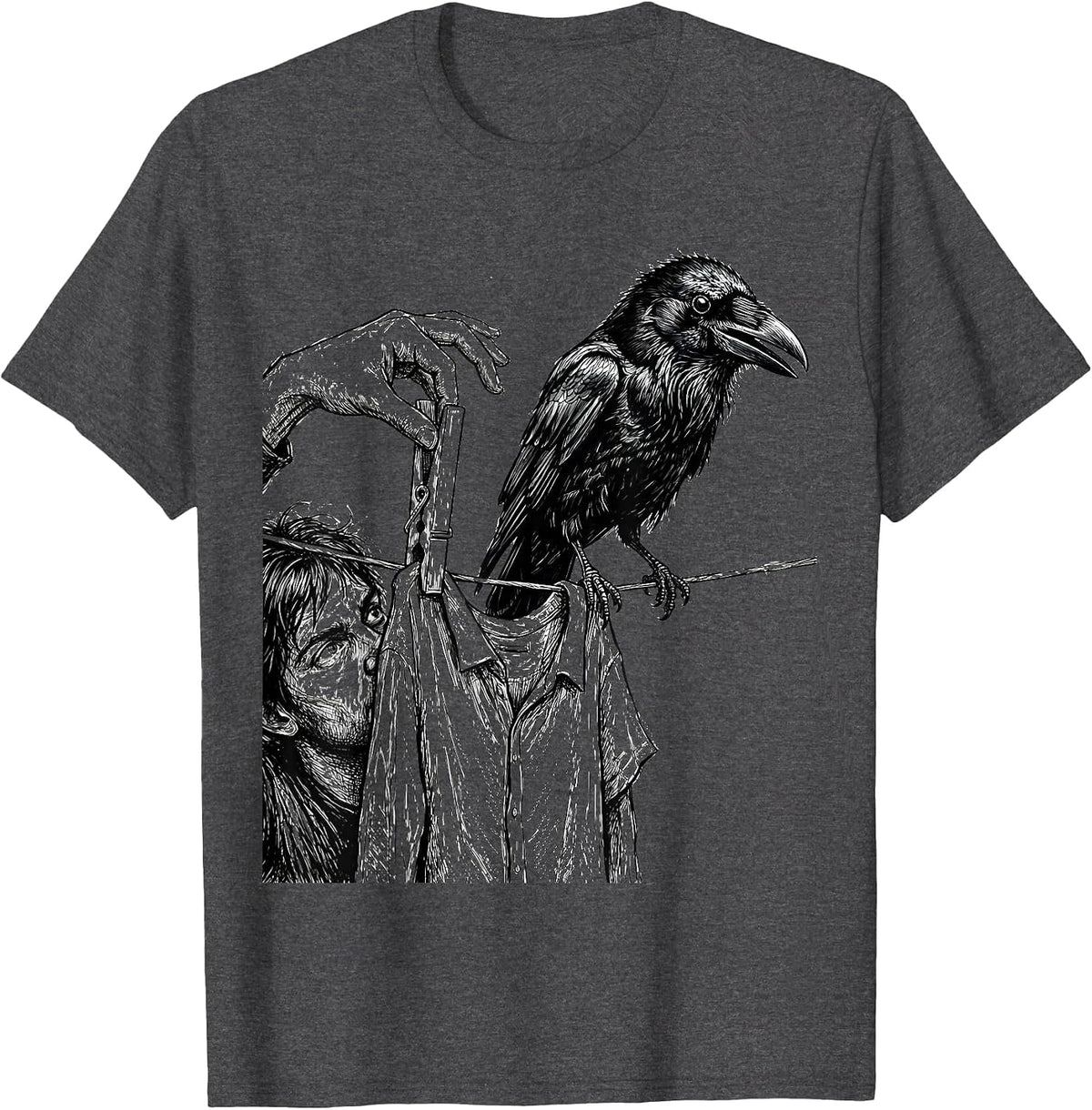 Frozen Crow Clothespin Dark Humor Bird Lover T-Shirt - Dark Heather Grey