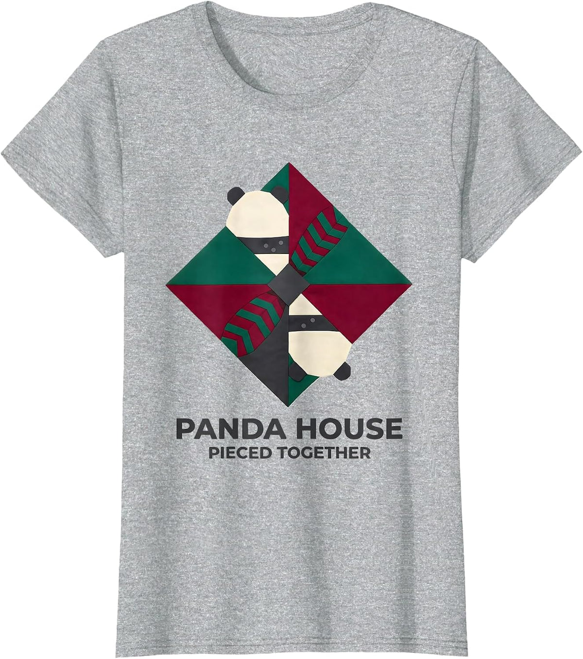 Panda House Pieced Together Quilt Block Patchwork Animal T-Shirt - Heather Grey
