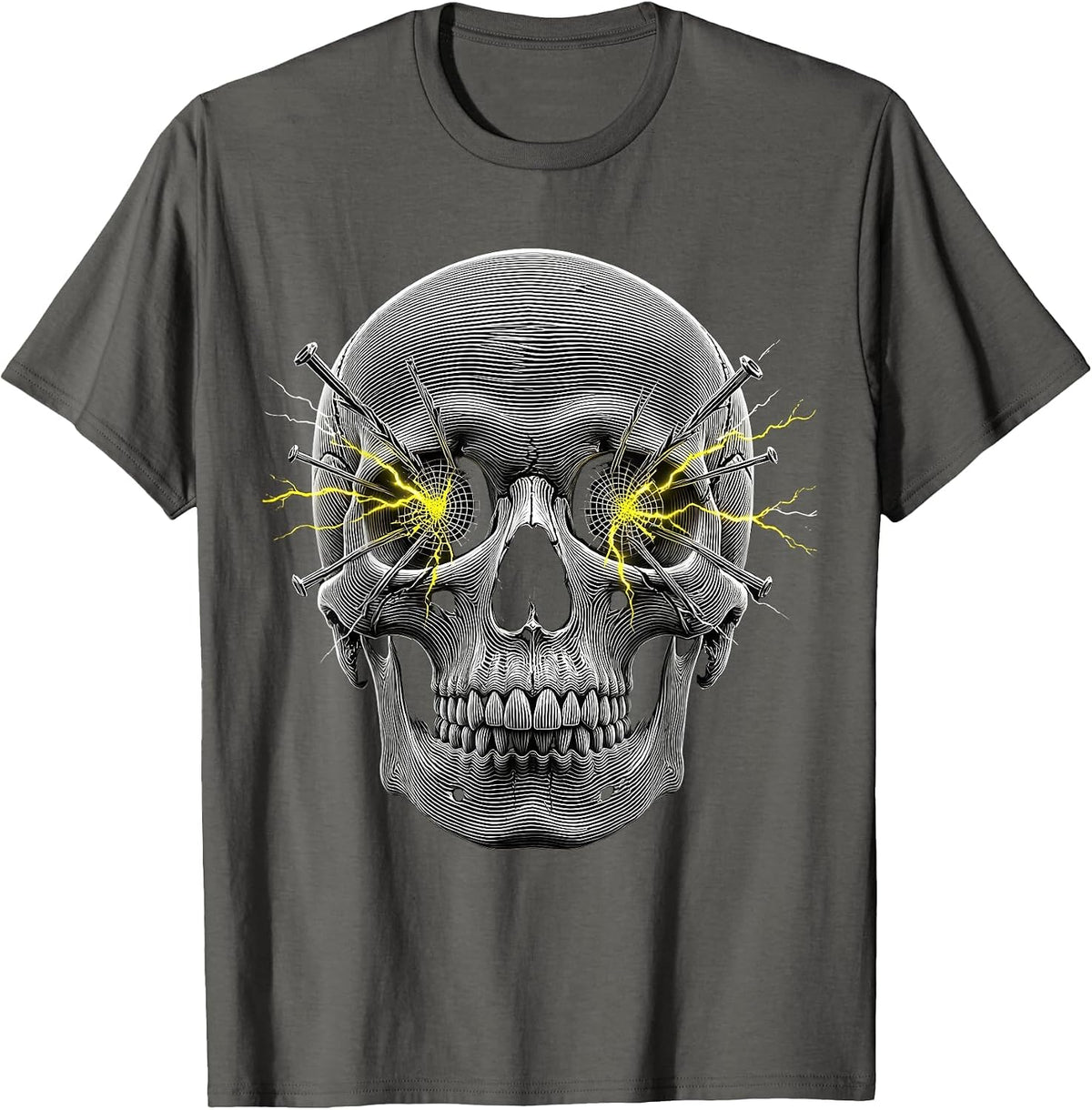 Overstimulated Electric Skull Graphic Design T-Shirt - Asphalt Grey