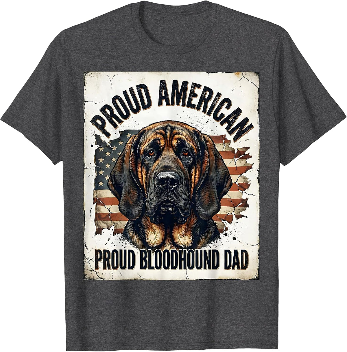 Men's Proud American, Proud Bloodhound Dad Distressed Patriotic T-Shirt - Dark Heather Grey