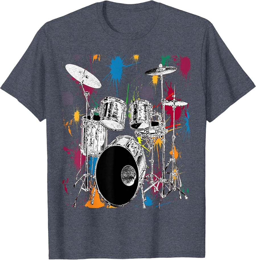 Drummer Silver Drum Set Artistic Design T-Shirt - Heather Blue