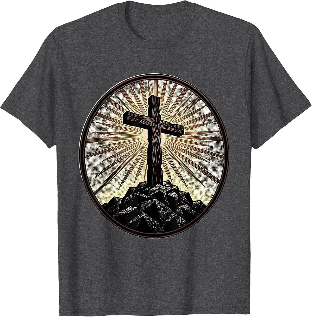 Wooden Cross on Rocky Hilltop Sunset Design T-Shirt - Dark Heather Grey