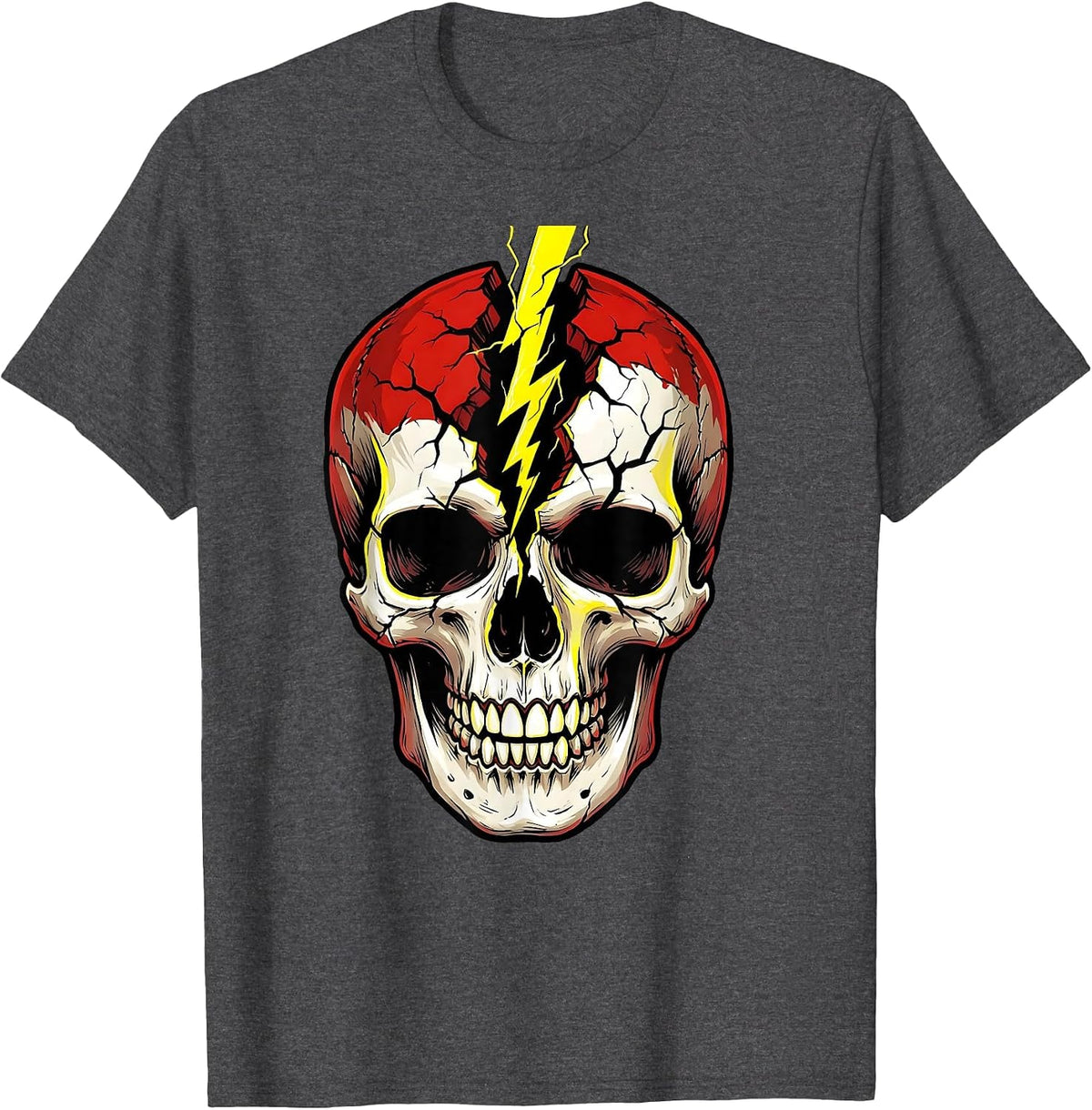 Skull Lightning Bolt Crack Metal Graphic Design T-Shirt - Dark Heather Grey