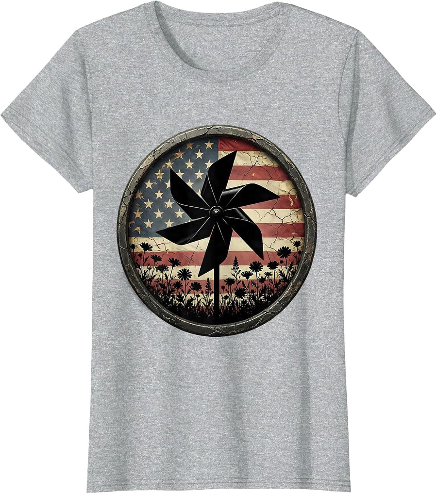Red White and Blue Pinwheel Wildflower Field T-Shirt - Heather Grey