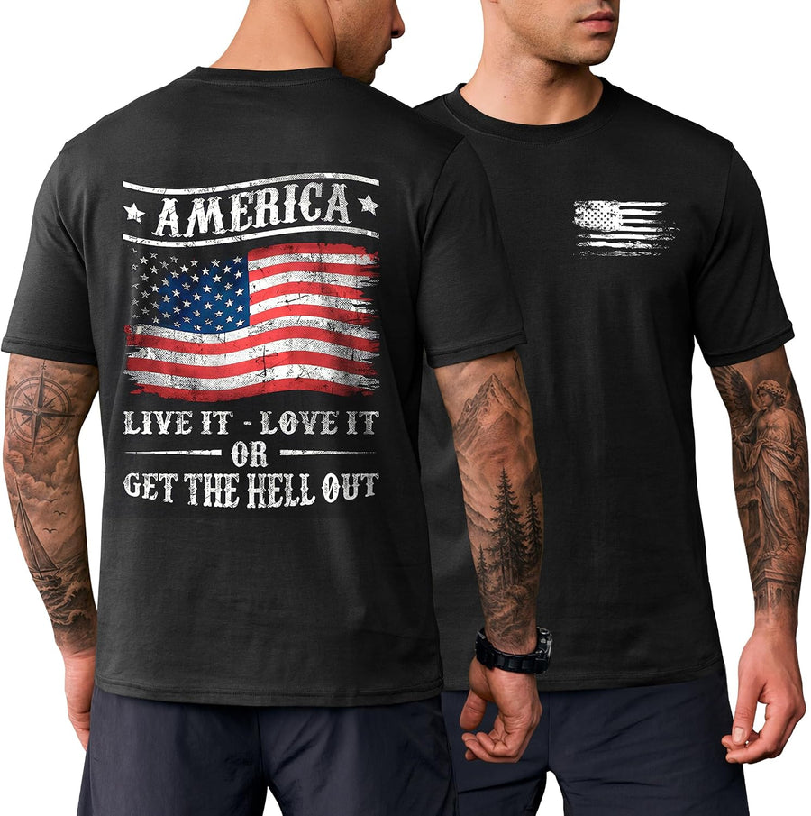 Arvilhill Mens 4th of July T-Shirt Patriotic Cotton Double-Sided Print Short Sleeve Shirts (S-3XL) - Black - American Flag