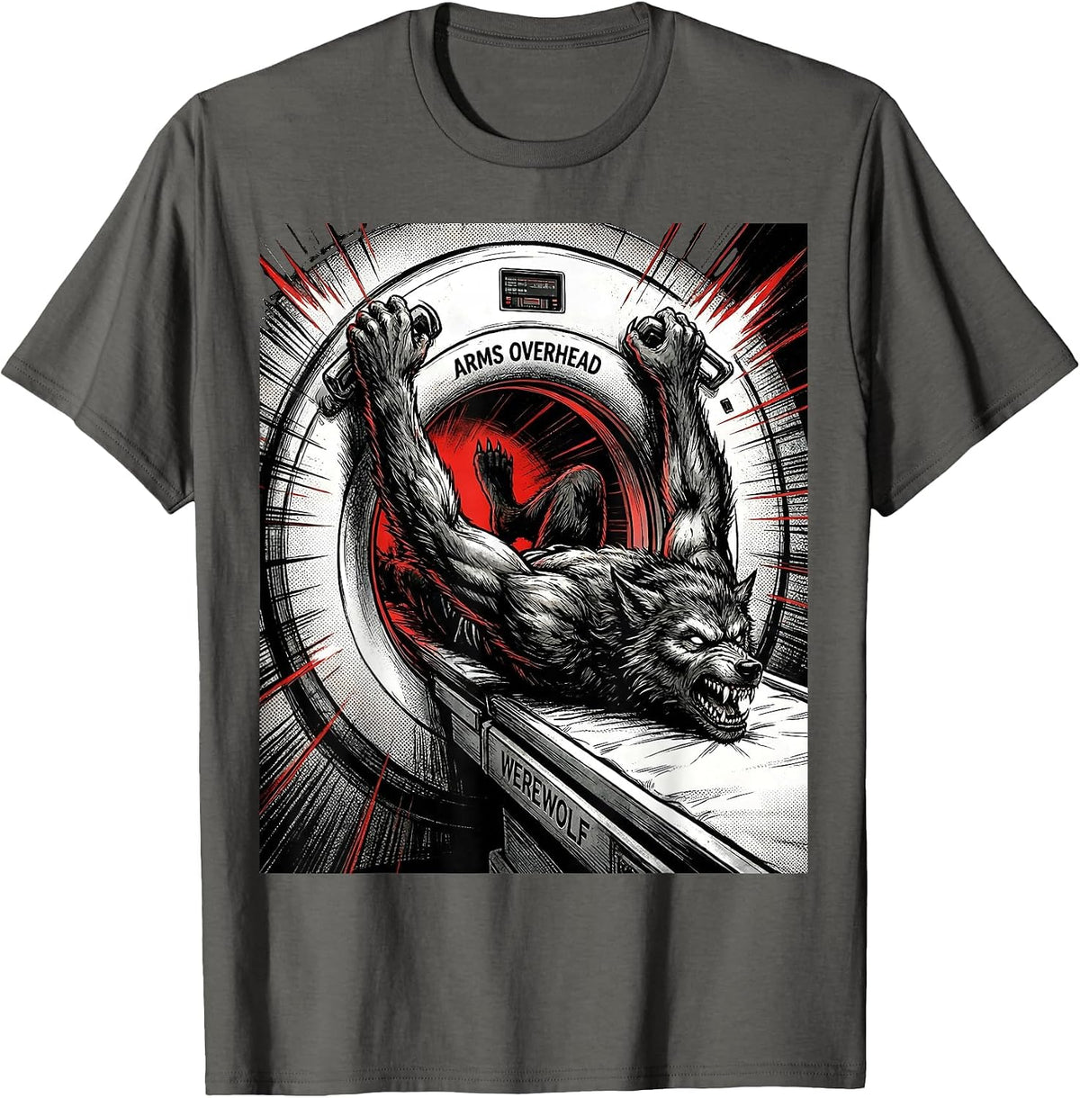 Men's Arms Overhead Werewolf Comic Book Radiology Tech Halloween T-Shirt - Asphalt Grey