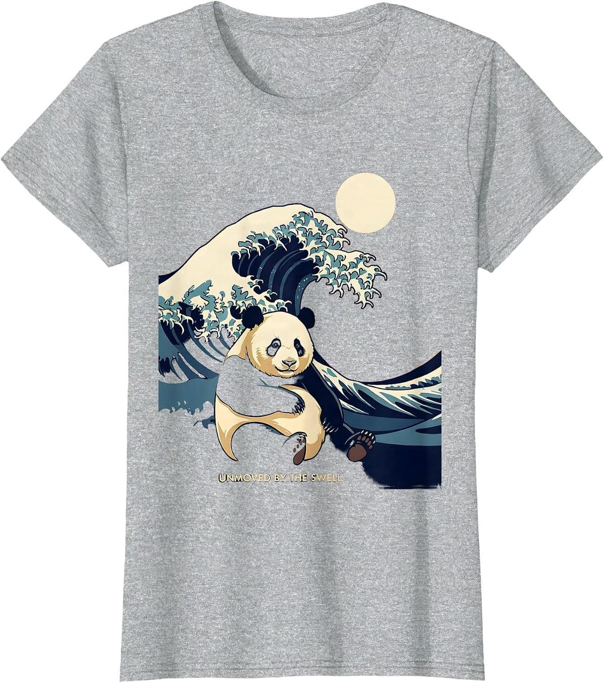 Women's Unmoved By The Swell Flat Vector Japanese Art Panda Surfing T-Shirt - Heather Grey