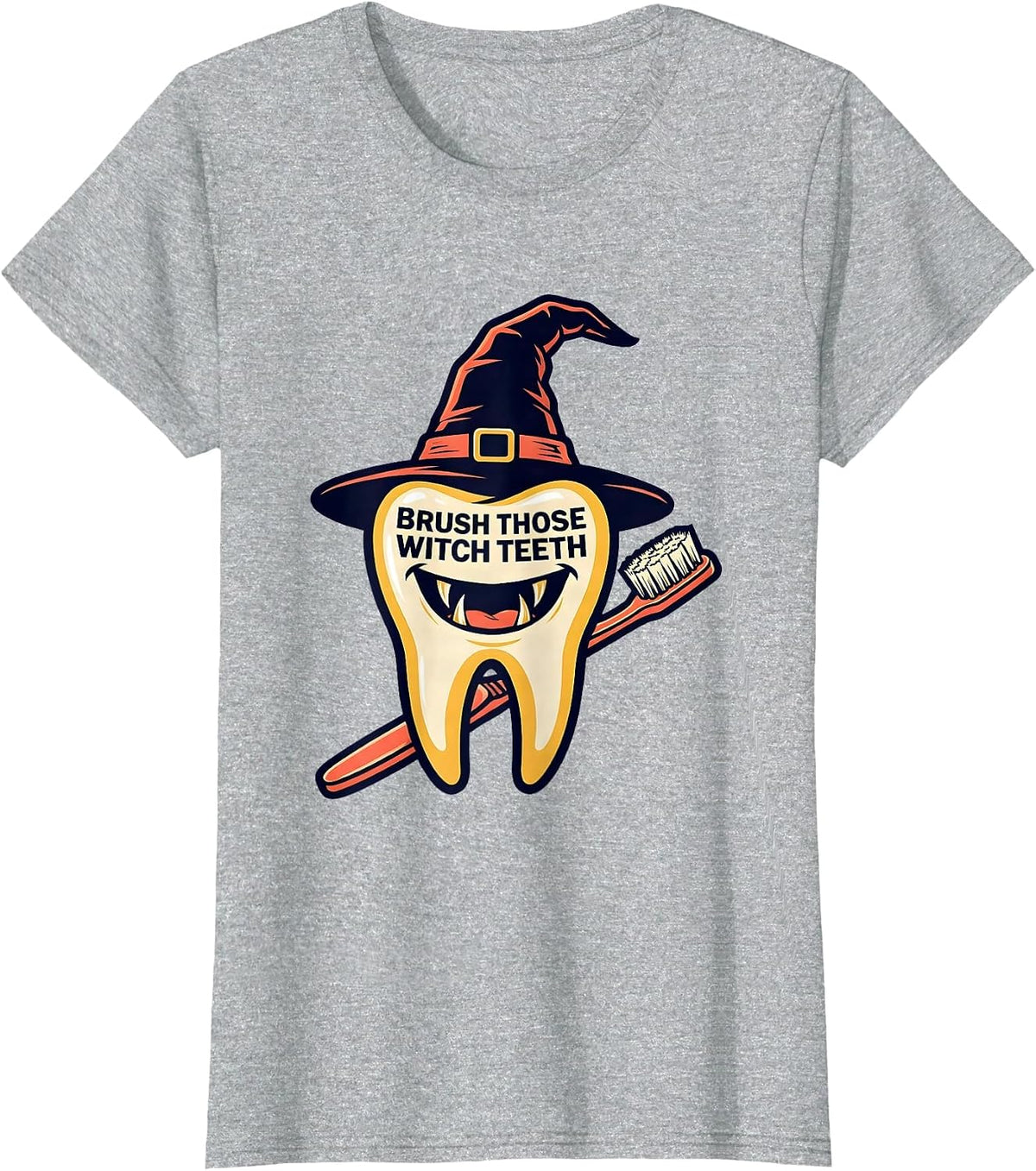 Brush Those Witch Teeth Funny Dentist Halloween Dental T-Shirt - Heather Grey