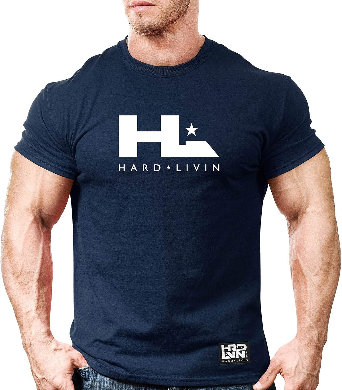 Monsta Clothing Co. Men's Bodybuilding Workout (HardLivin-HL-icon) Gym T-Shirt - Navy Tee\/Wt Art