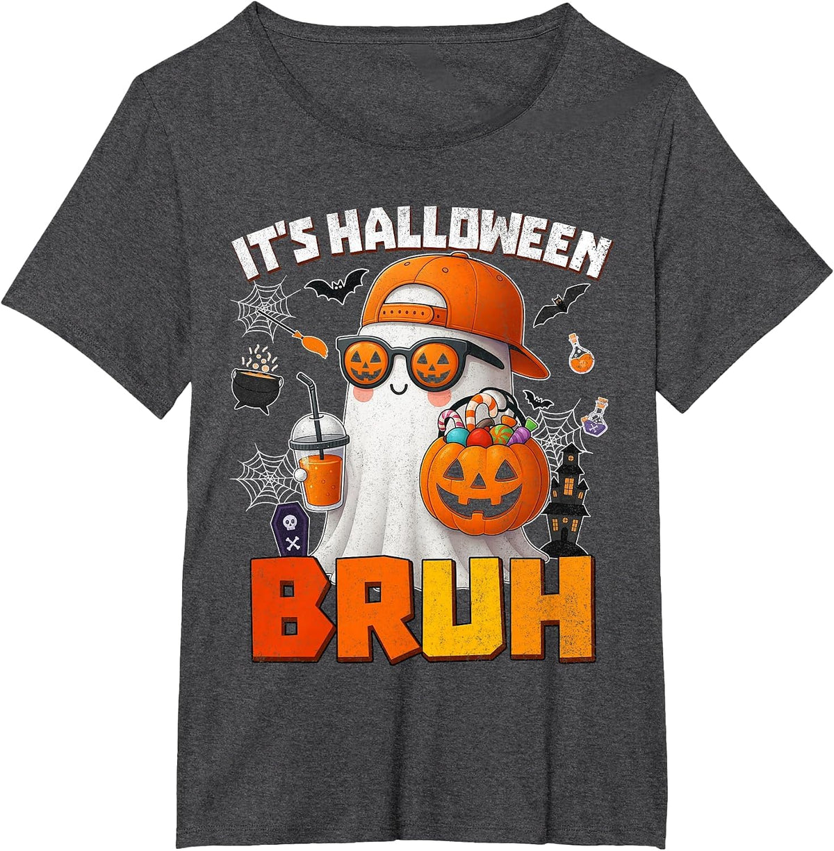 Its Halloween Bruh Boo Ghost Pumpkin Costume Boys Kids Mens T-Shirt - Dark Heather Grey