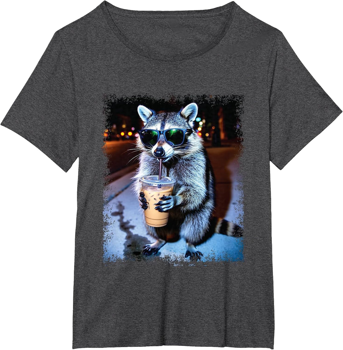 Funny Raccoon Drinking Iced Coffee Trash Panda Meme T-Shirt - Dark Heather Grey