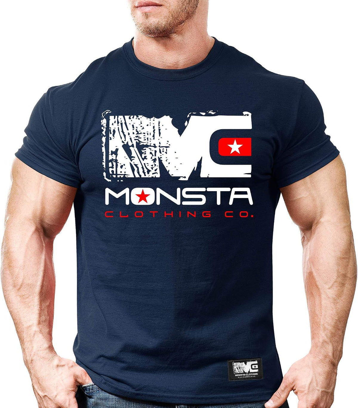 Monsta Clothing Co. Men's Bodybuilding Fitness Workout (MC-Icon-108) Gym T-Shirt - Navyl\/White