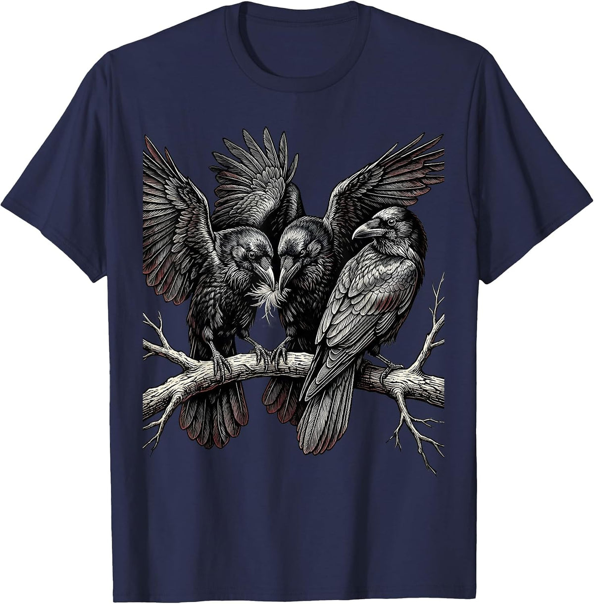 Men's Engraved Crows Dark Humor Gothic Bird Lover T-Shirt - Navy Blue