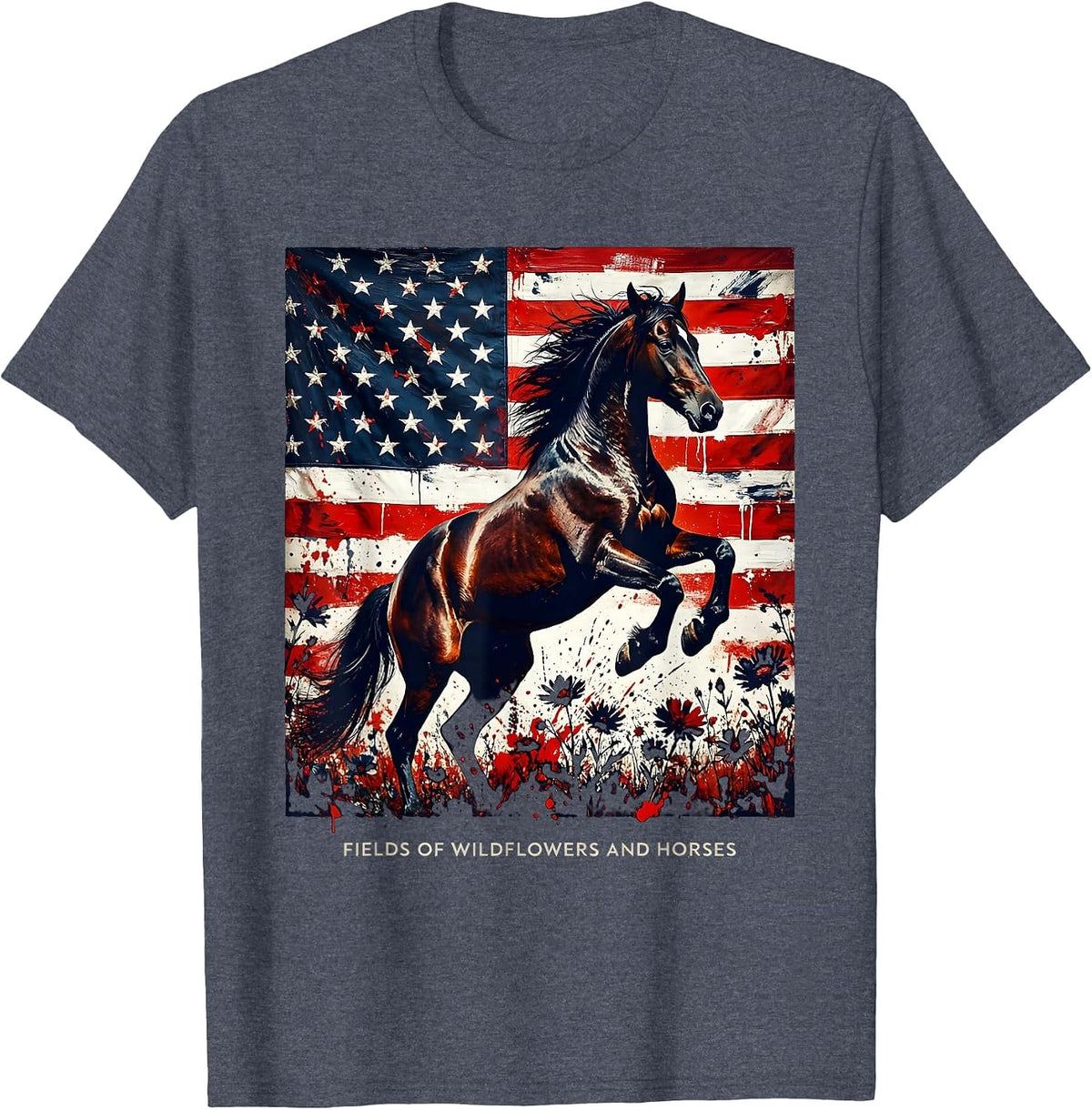 Fields of Wildflowers and Horses Girls Western Design T-Shirt - Heather Blue