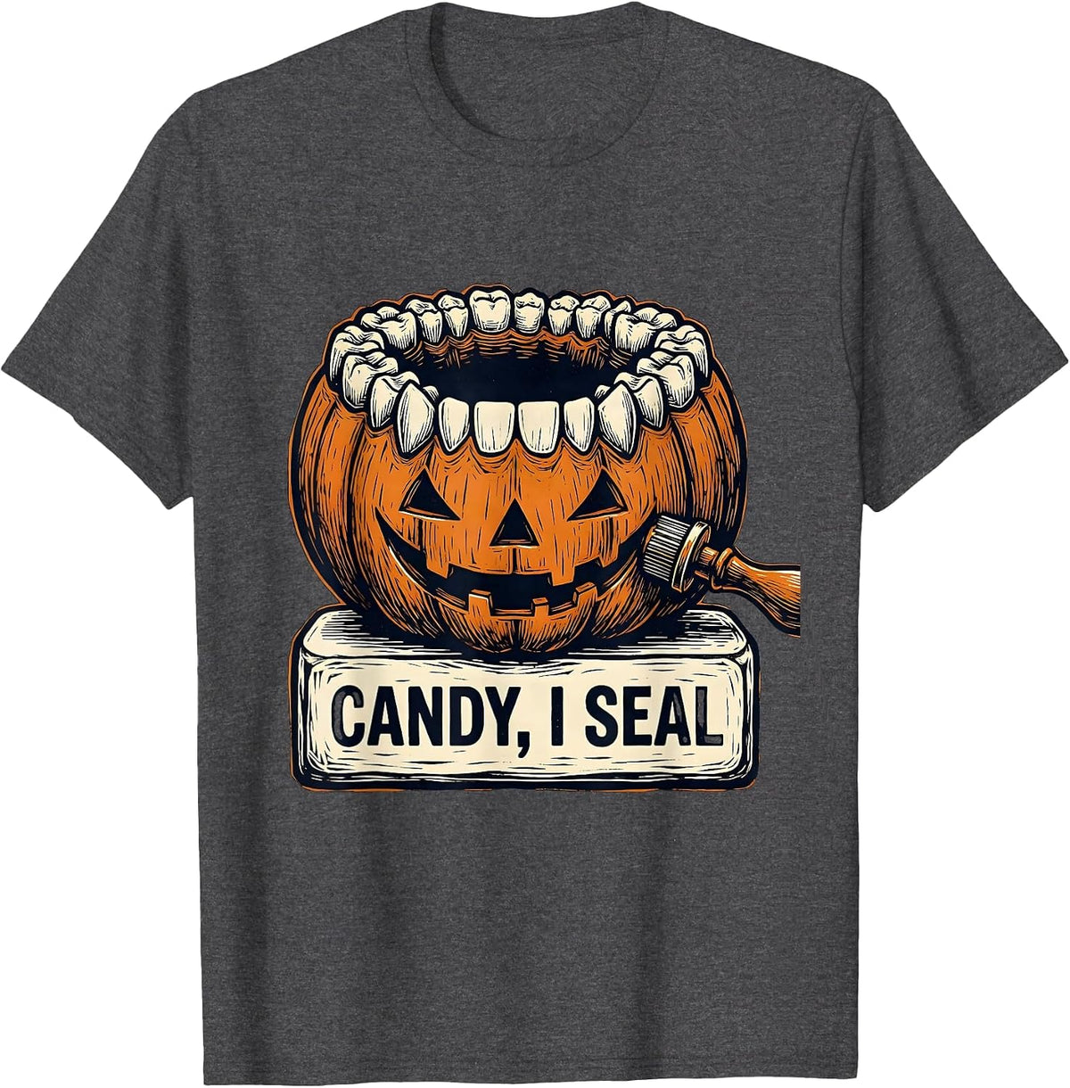 Men's Candy I Seal Funny Dental Hygienist Halloween Fall Humor T-Shirt - Dark Heather Grey