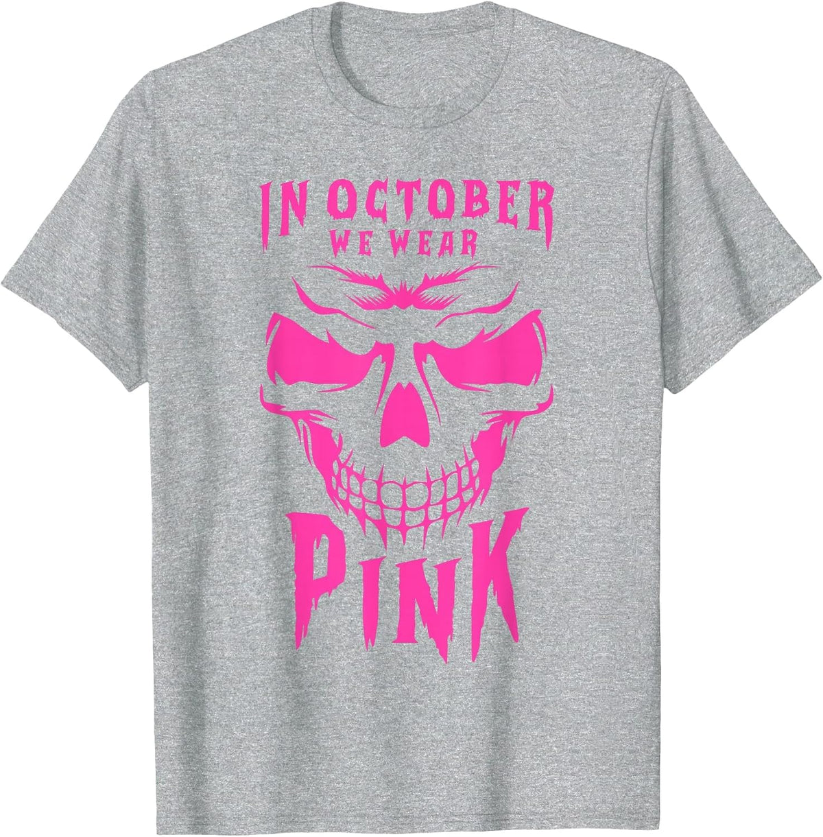Breast Cancer Awareness Month Halloween Skull Pink Ribbon T-Shirt - Heather Grey