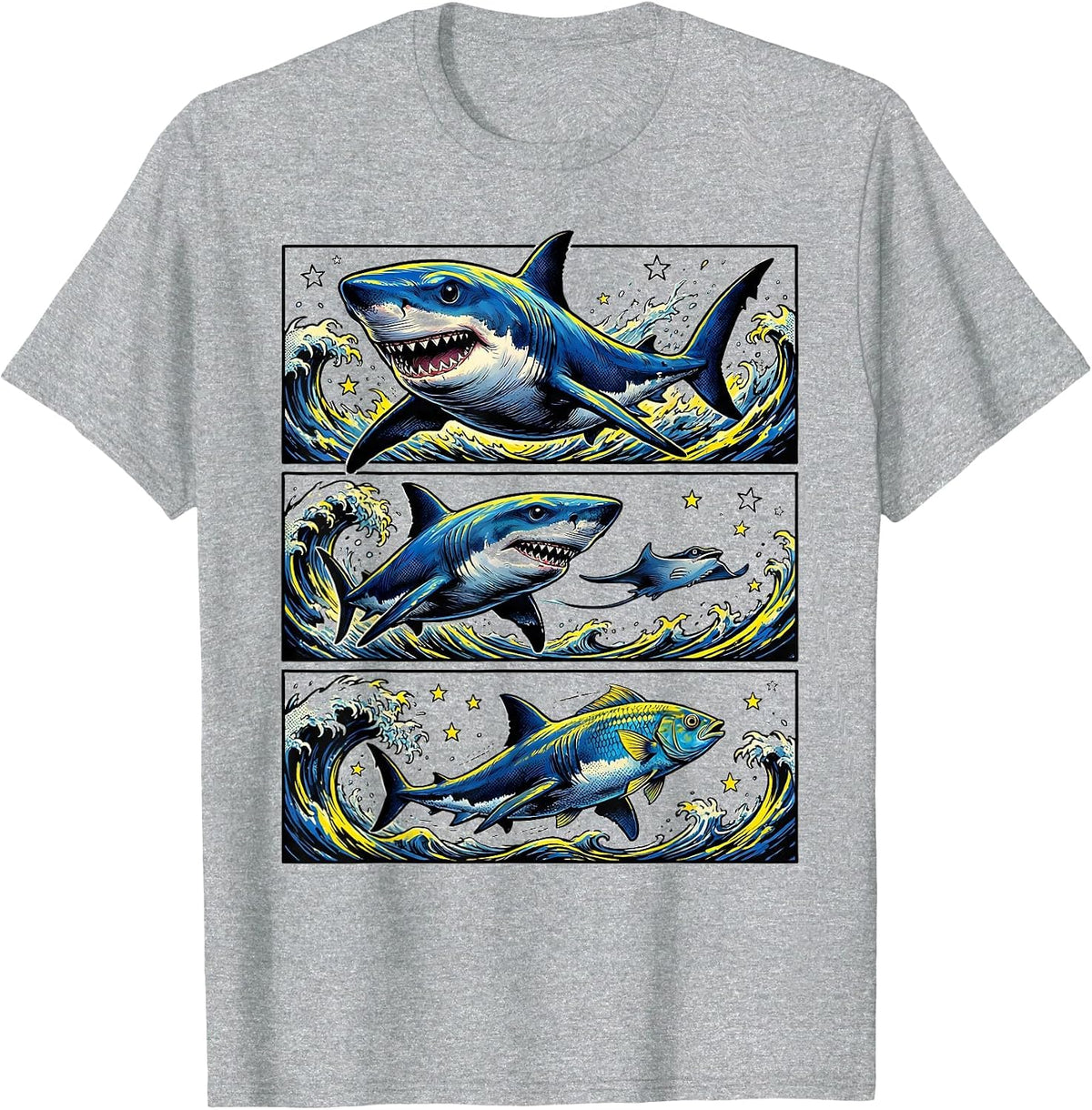 Men's Comic Blue Shark Parade Ocean Wildlife Humor T-Shirt - Heather Grey