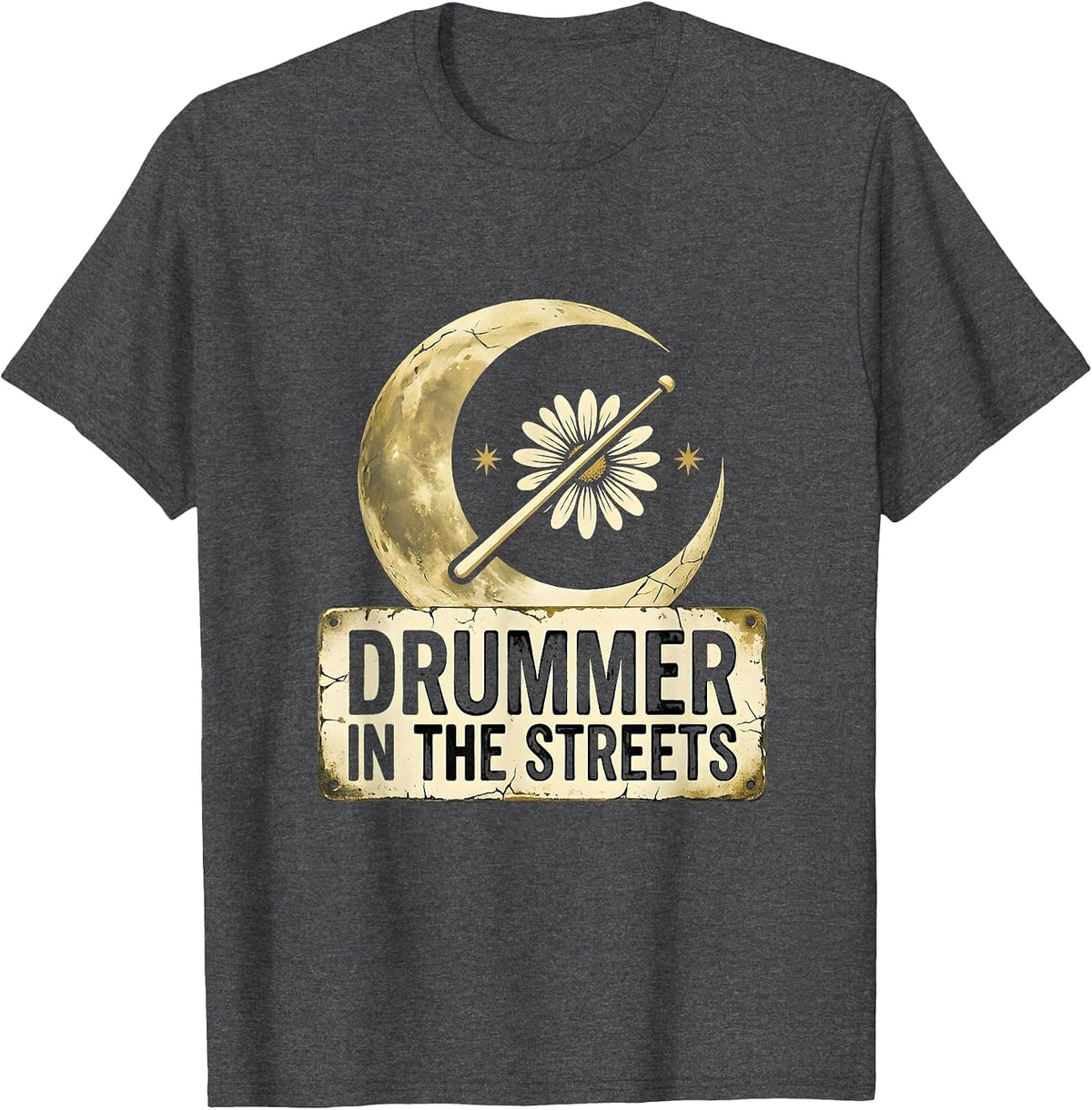 Drummer in the Streets Bold Music Design T-Shirt - Dark Heather Grey