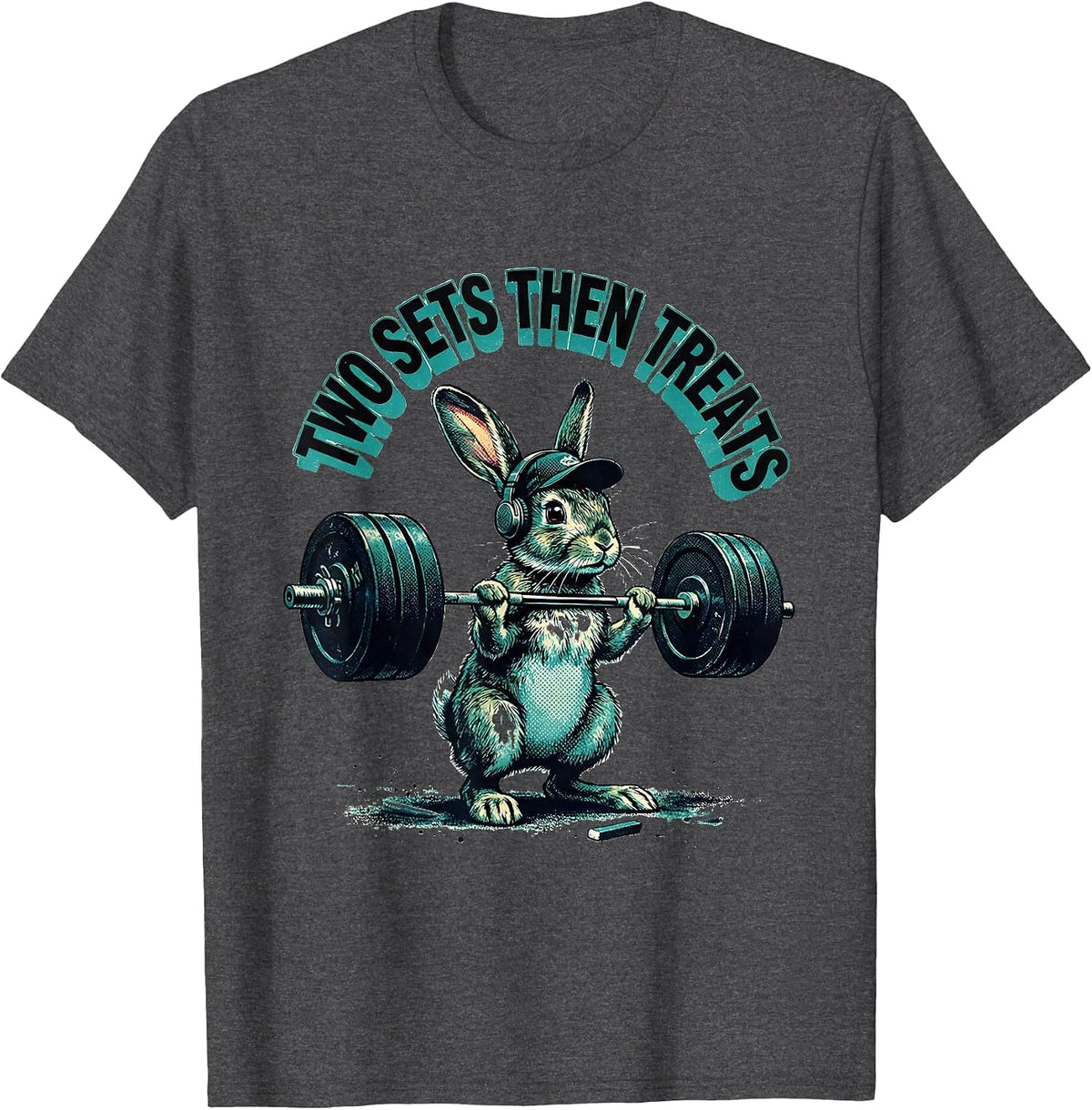 Men's Two Sets Then Treats Funny Gym Cat Weightlifting Meme T-Shirt - Dark Heather Grey