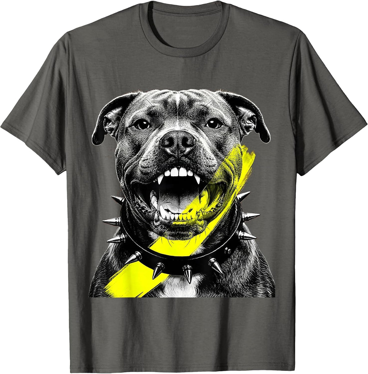 Grunge Pit Bull Spiked Collar Snarling Dog Art T-Shirt - Asphalt Grey