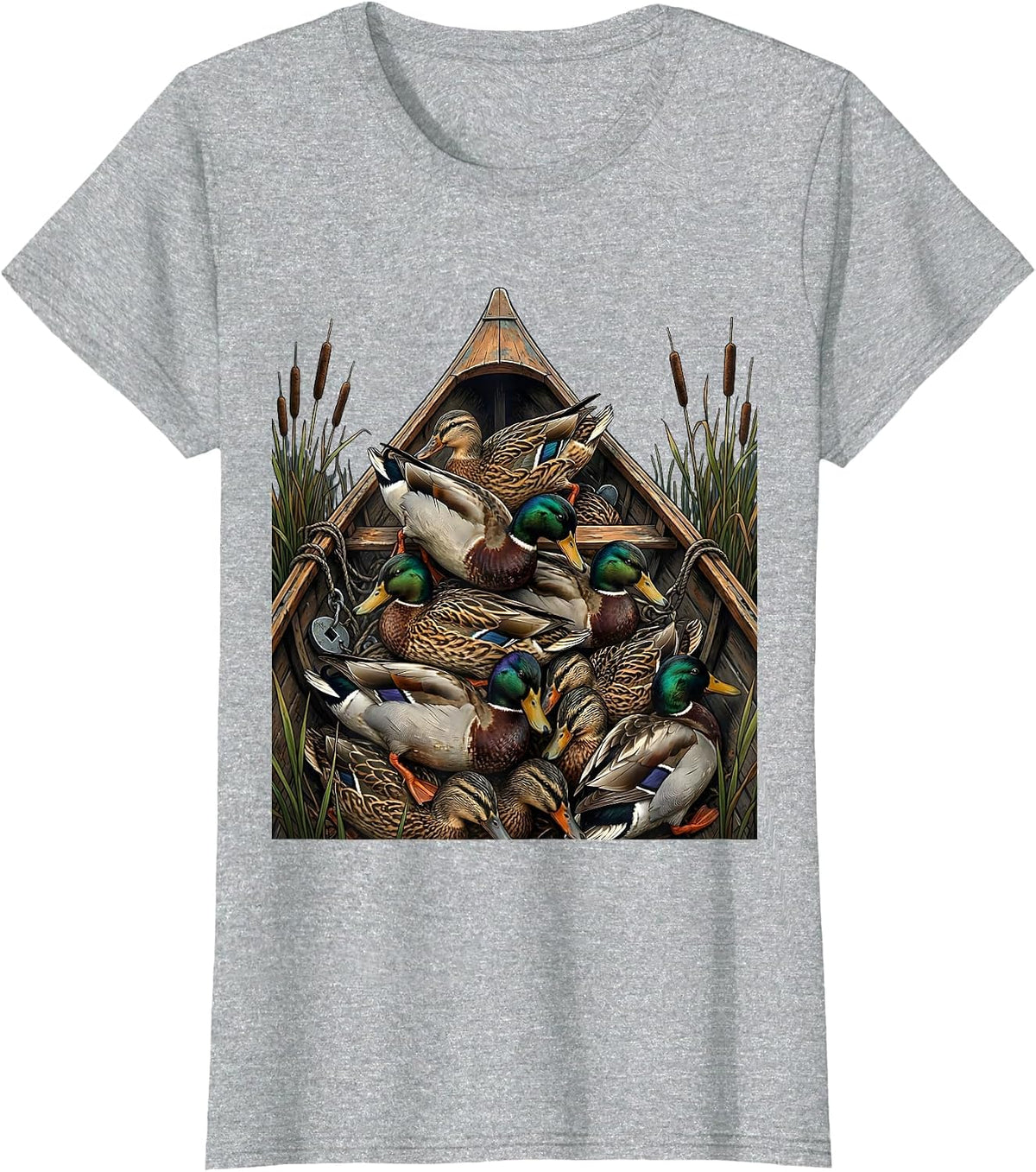 Women's Bottomland Camo Decoy Pile Canoe Bow Duck Hunting T-Shirt - Heather Grey