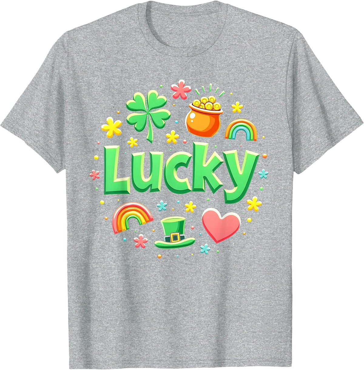 Lucky Charm Patricks Day Pot of Gold Irish Shamrock Rainbow T-Shirt - Heather Grey