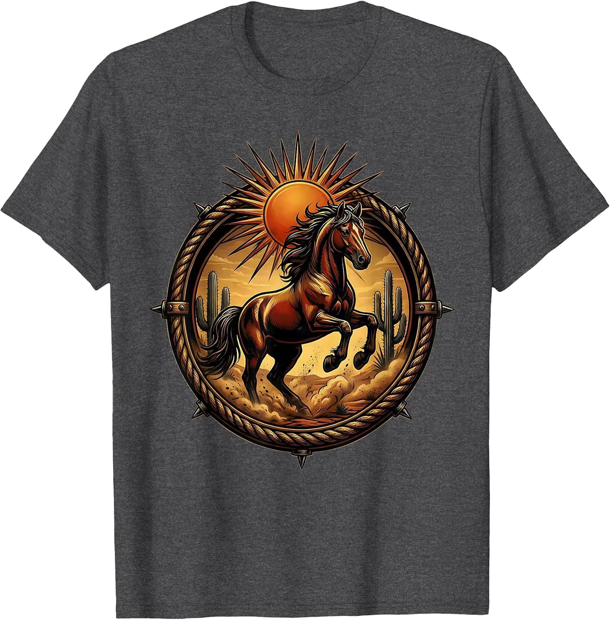 Horse Galloping Through Desert Dust Cowboy Tee T-Shirt - Dark Heather Grey