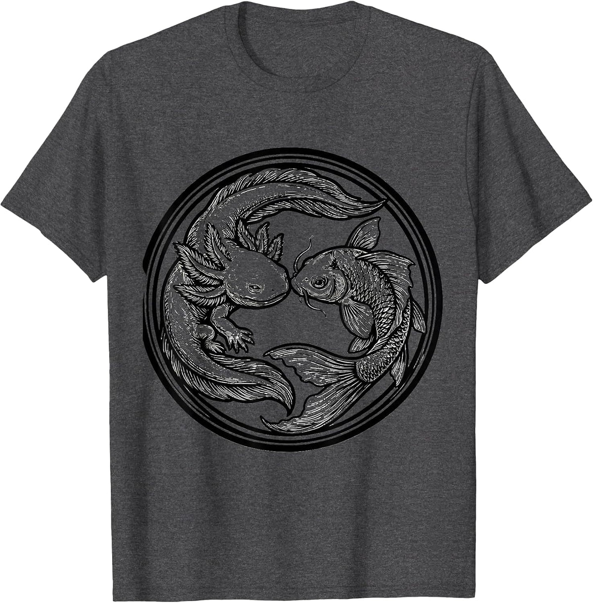 Men's Axolotl vs Koi Fish Showdown Graphic T-Shirt - Dark Heather Grey