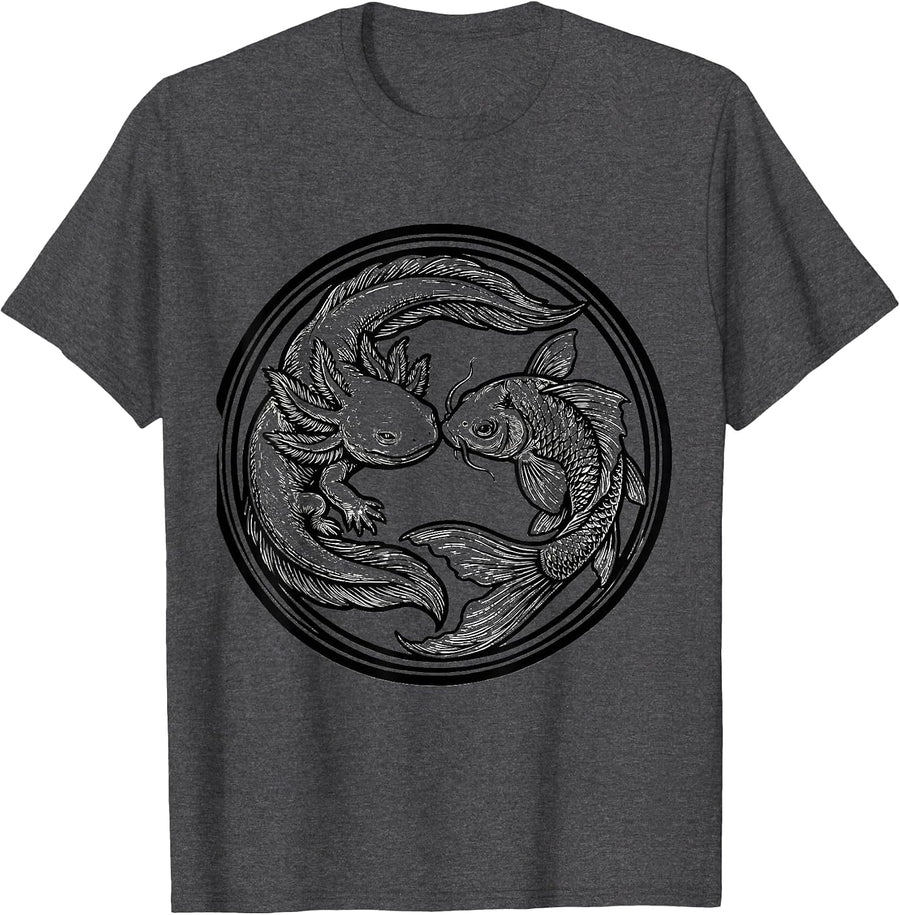 Men's Axolotl vs Koi Fish Showdown Graphic T-Shirt - Dark Heather Grey