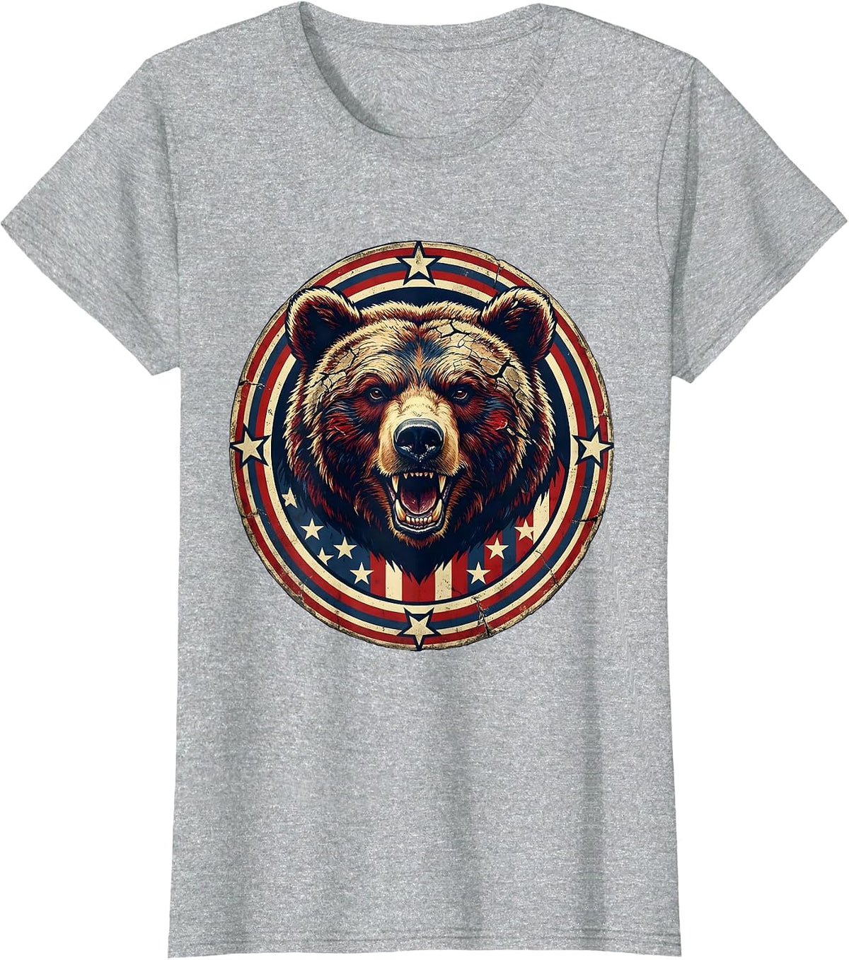 Patriotic Roaring Bear Stars and Stripes Design T-Shirt - Heather Grey