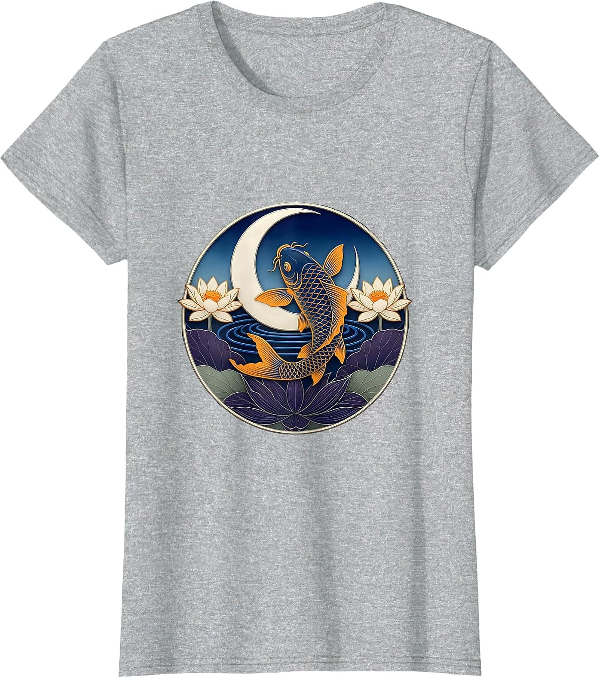 Women's Sealed Crescent Koi Ukiyo-e Boho Mystical Nature T-Shirt - Heather Grey