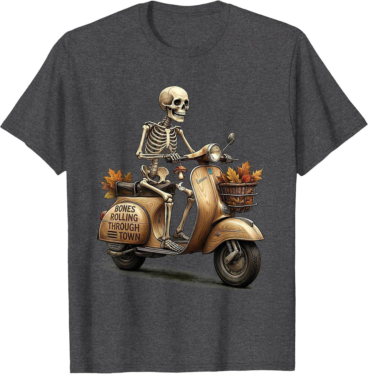 Halloween Skeleton Scooter Riding Through Town T-Shirt - Dark Heather Grey