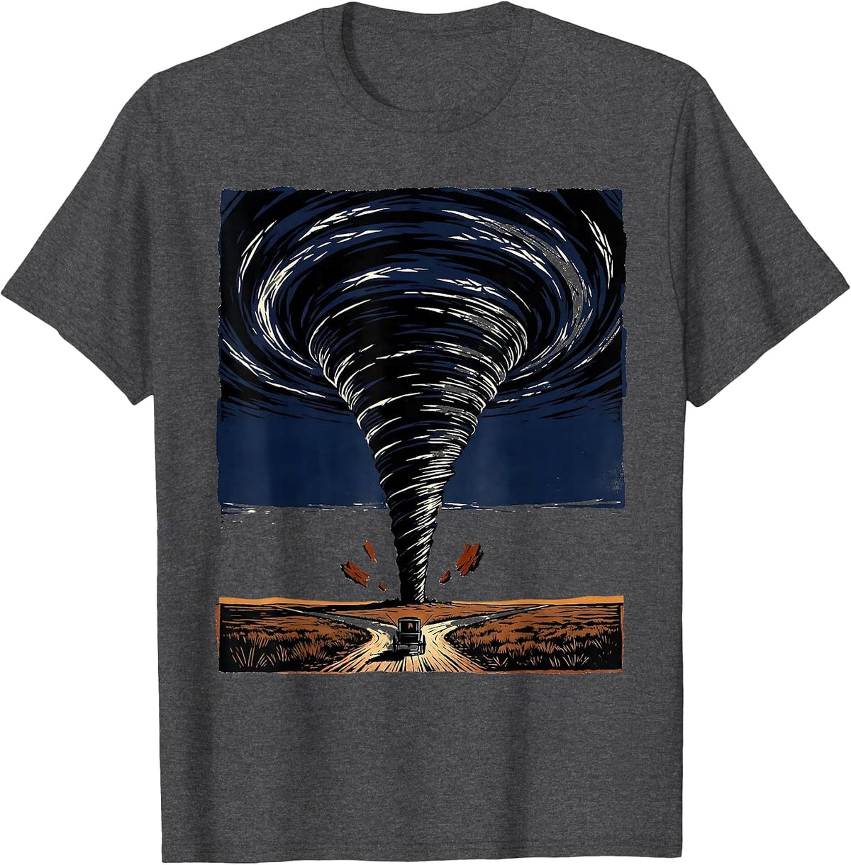 Men's Twister Vortex Linocut Storm Chaser Meteorology Humor T-Shirt - Dark Heather Grey
