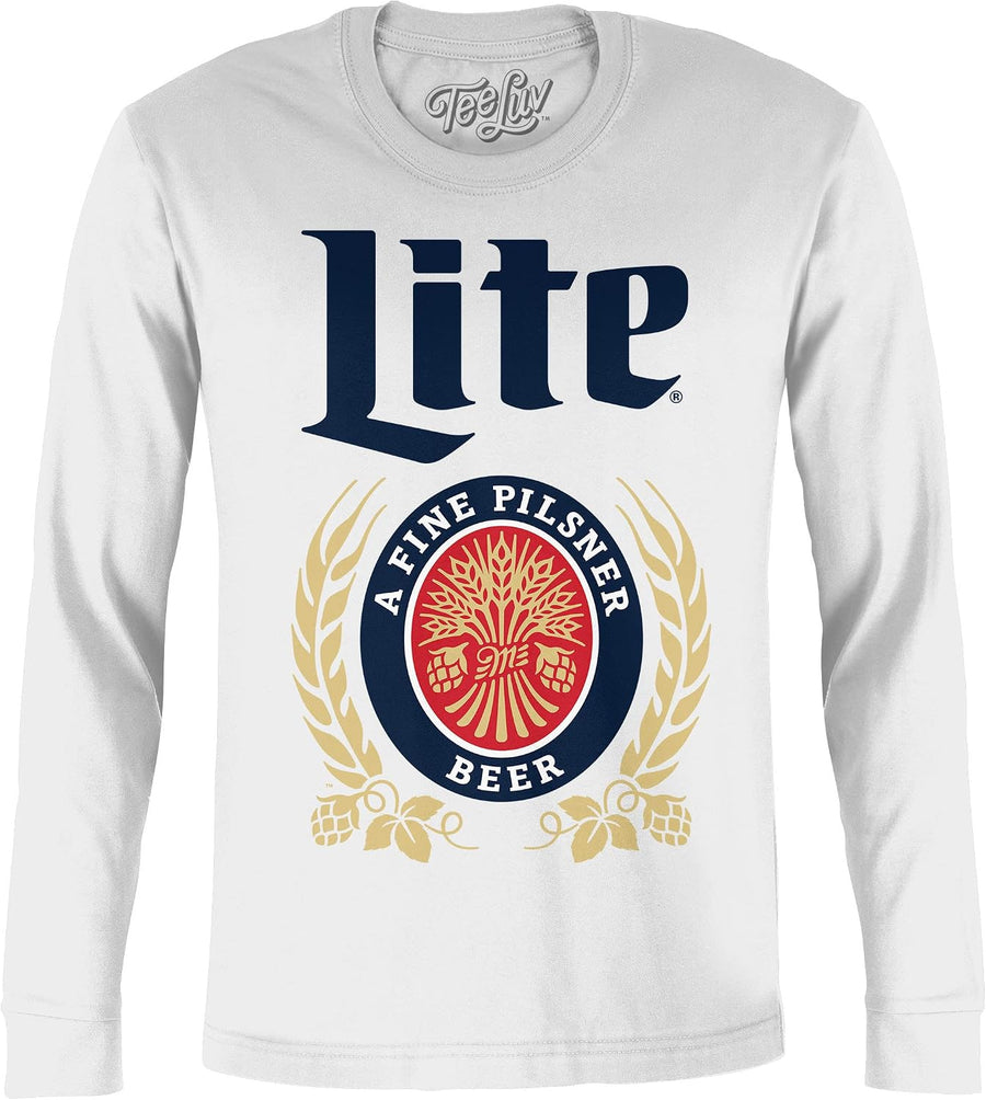 Tee Luv Men's Miller Lite Shirt - Long Sleeve Miller Light Beer T-Shirt - White