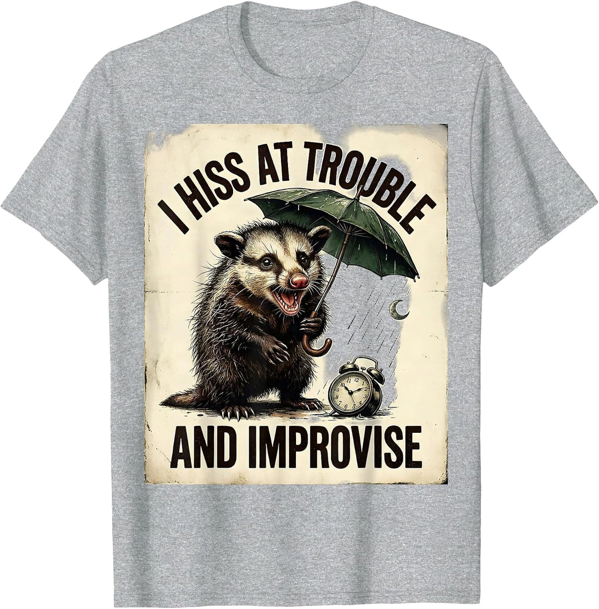 Men's I Hiss At Trouble And Improvise Vintage Opossum Meme Humor T-Shirt - Heather Grey