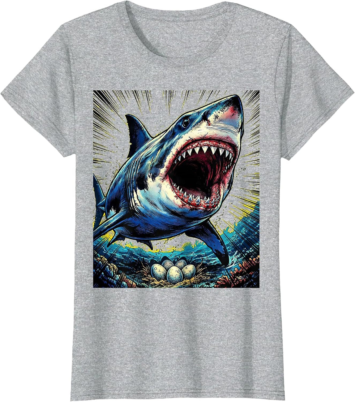 Women's Mama Shark Roaring Over Nest Protective Design T-Shirt - Heather Grey