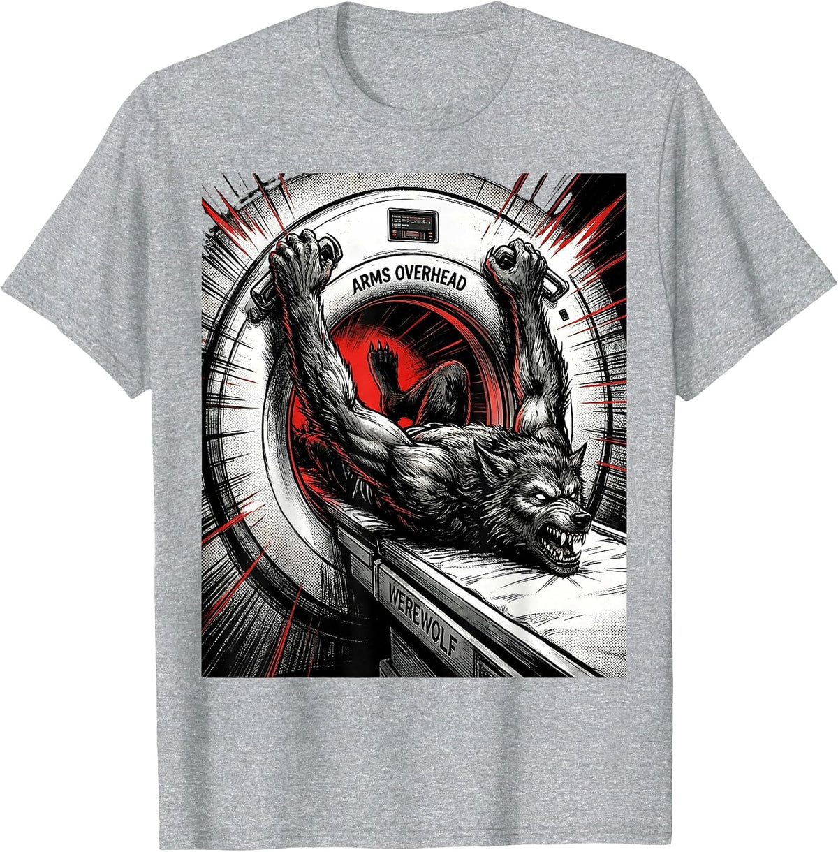 Men's Arms Overhead Werewolf Comic Book Radiology Tech Halloween T-Shirt - Heather Grey