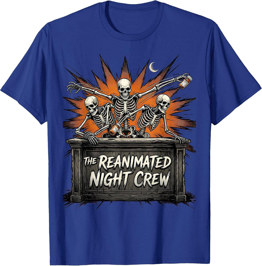 The Reanimated Night Crew Funny Pharmacy Tech Halloween T-Shirt - Royal Blue