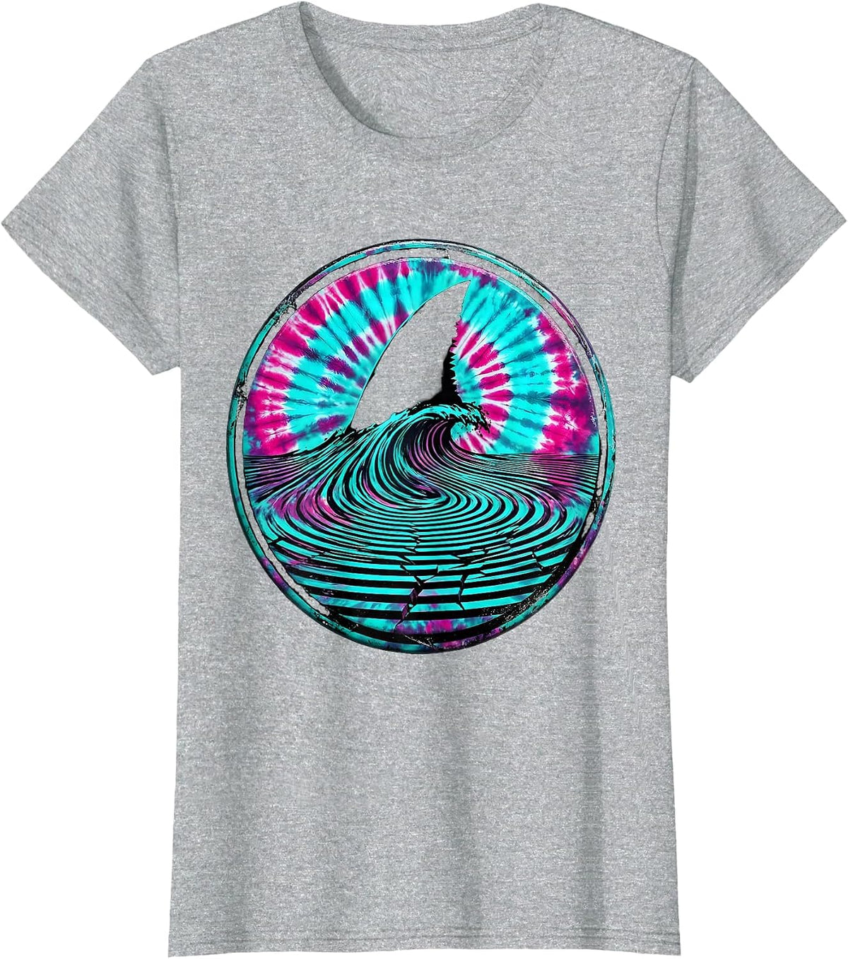 Women's Tie Dye Shark Fin Color Wave Graphic T-Shirt - Heather Grey