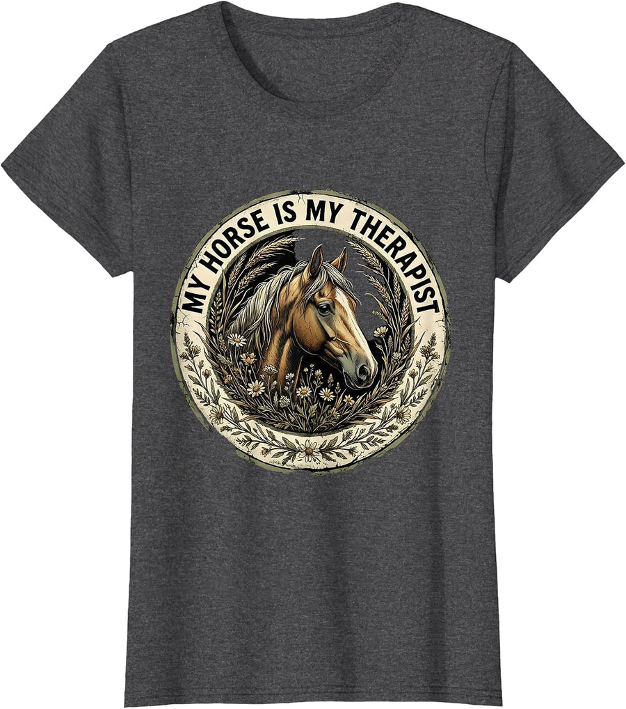 Women's My Horse Is My Therapist Equestrian Design T-Shirt - Dark Heather Grey