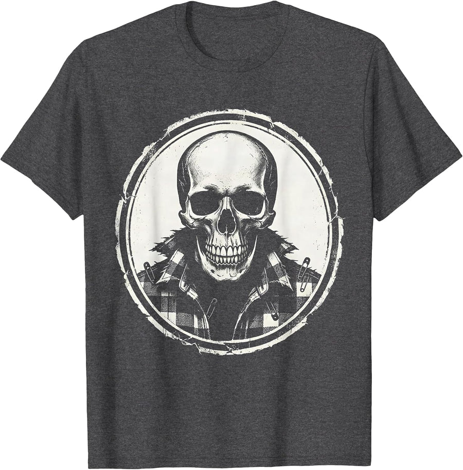 Men's Grunge Skull Torn Flannel Safety Pin Illustration T-Shirt - Dark Heather Grey