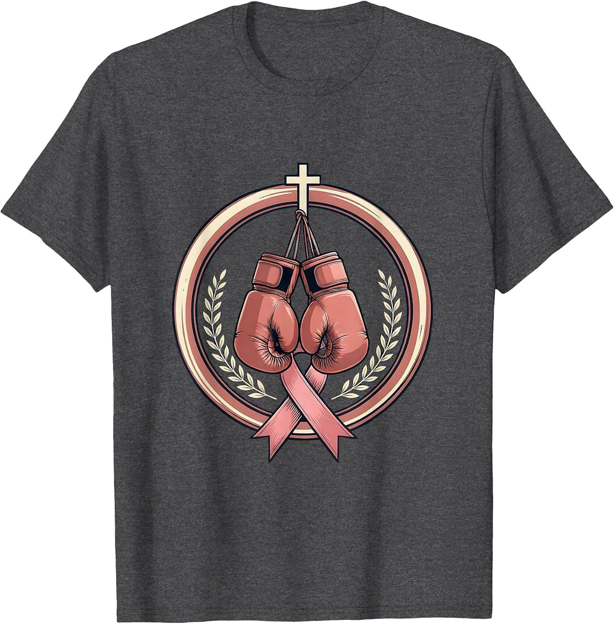 Pink Ribbon Boxing Gloves Breast Cancer Awareness T-Shirt - Dark Heather Grey