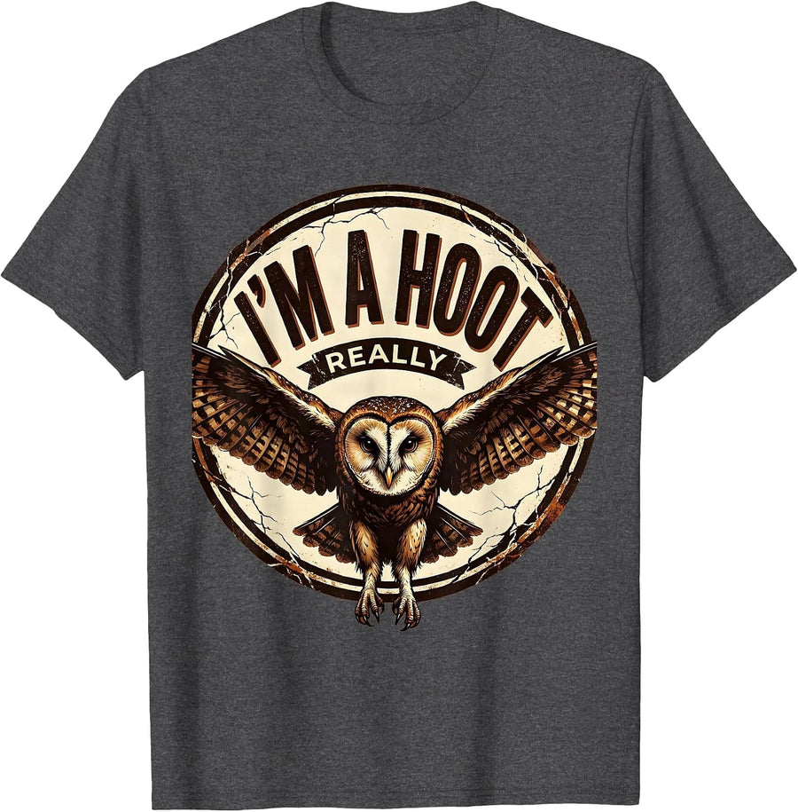 Men's I'm A Hoot Really Distressed Owl Lover Bird Humor Retro T-Shirt - Dark Heather Grey