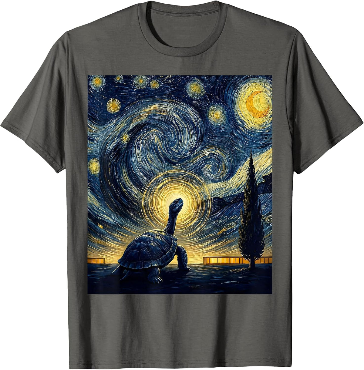 Men's Night Turtle Van Gogh Whimsical Pet Lover Art T-Shirt - Asphalt Grey