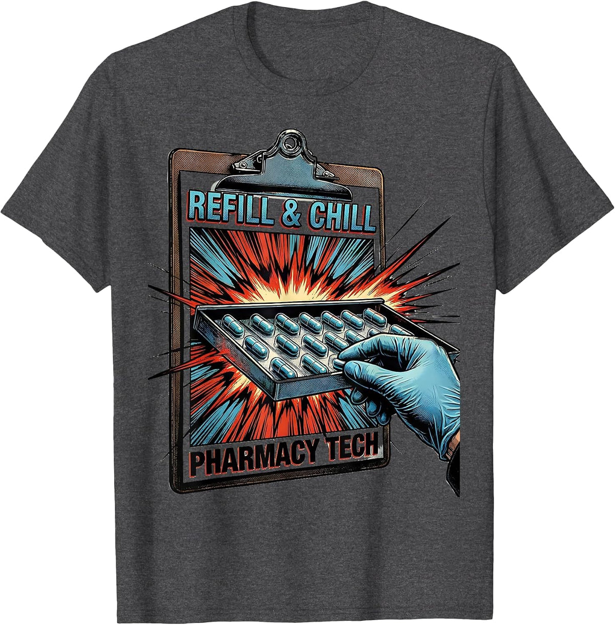 Men's Refill & Chill Pharmacy Tech Funny Pharmacy Technician T-Shirt - Dark Heather Grey
