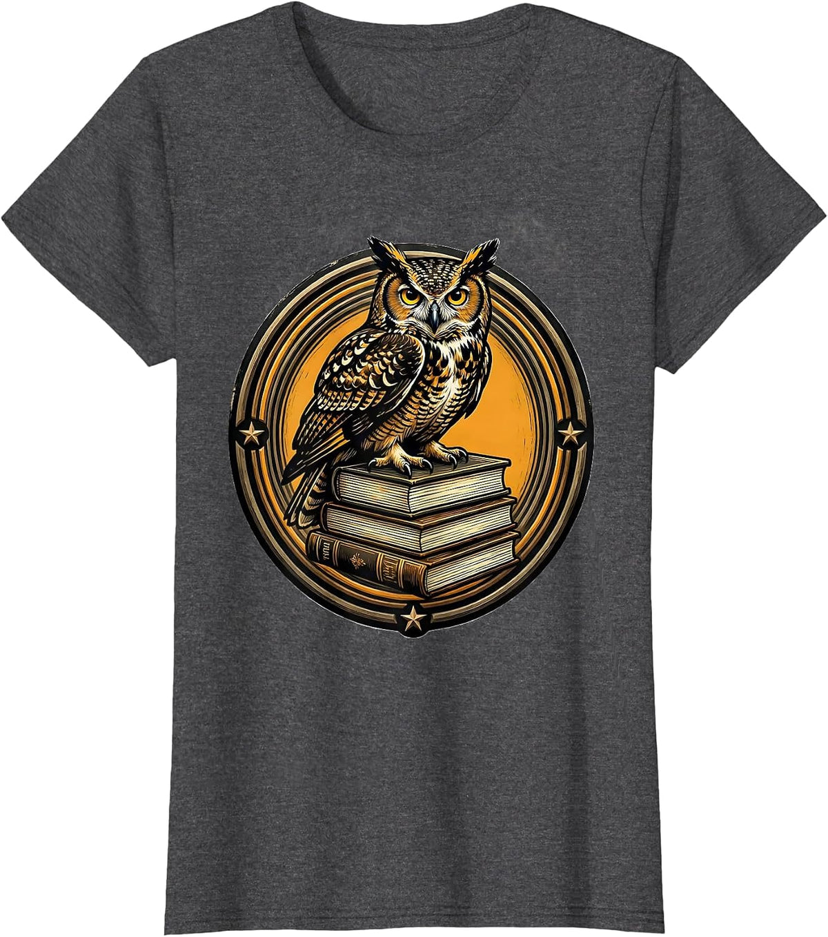 Women's Wise Owl Perched on Stack of Books Illustration T-Shirt - Dark Heather Grey