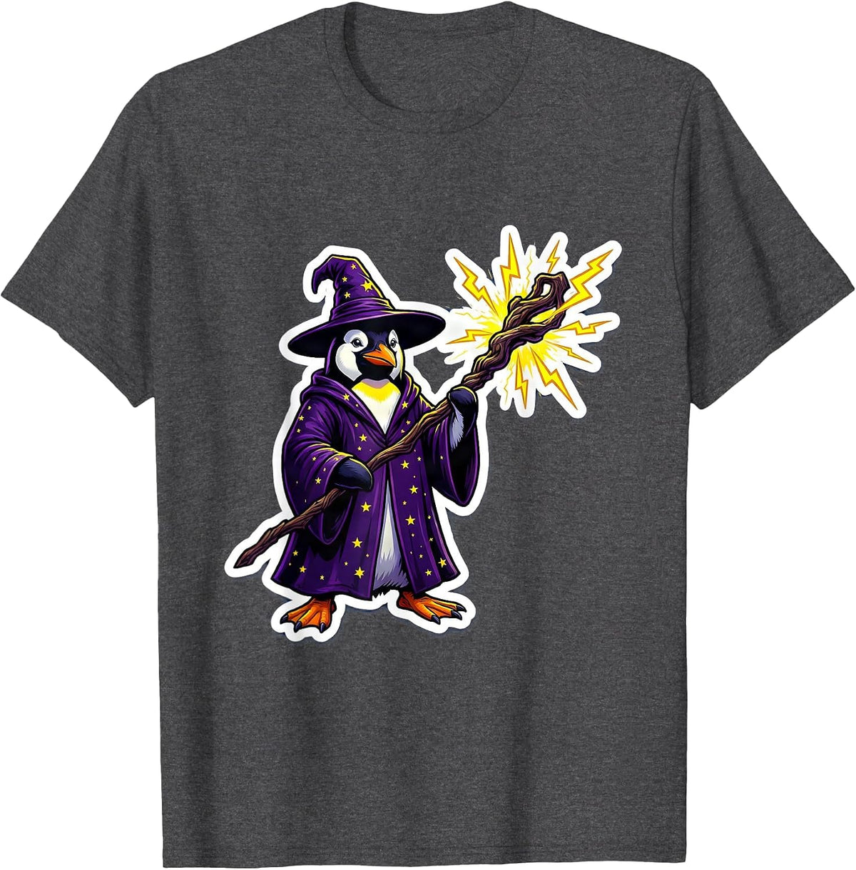 Men's Penguin Wizard Lightning Staff Fantasy Art T-Shirt - Dark Heather Grey