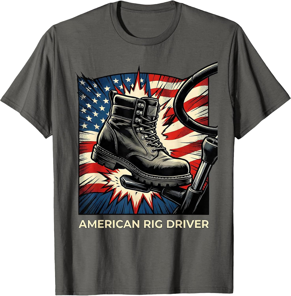Men's American Rig Driver Comic Book Patriotic Trucker Occupation T-Shirt - Asphalt Grey